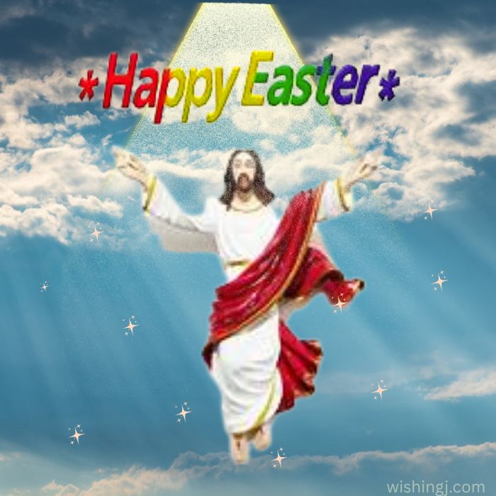 Colorful Easter greeting card featuring cheerful Jesus with the text "Happy Easter!" in vibrant letters.Happy Easter images.