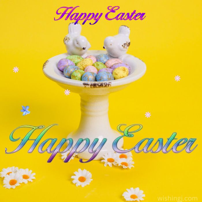 . Brightly designed Easter greeting featuring joyful wishes, adorned with colorful eggs and spring flowers, celebrating the holiday.Happy Easter images.