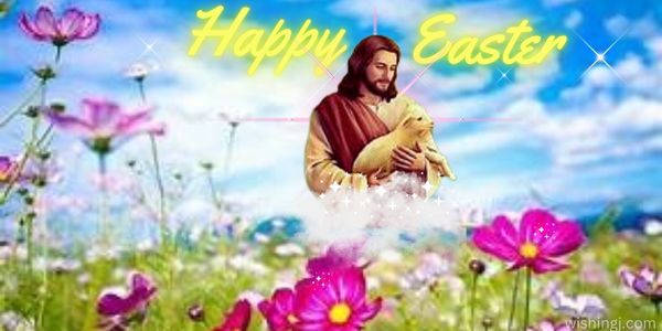 Colorful Easter greeting card featuring cheerful Jesus with the text "Happy Easter!" in vibrant letters.Happy Easter images.