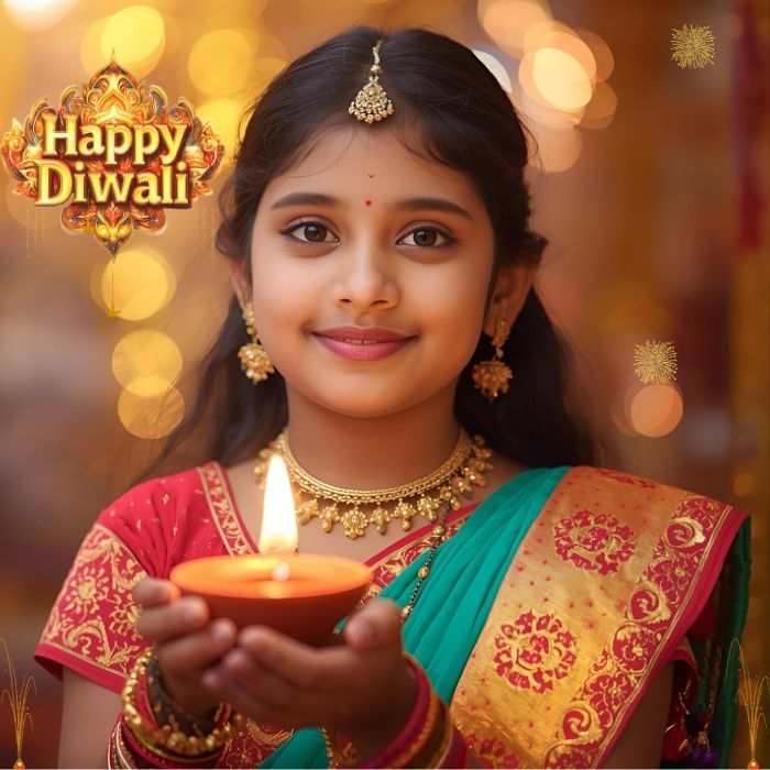 A captivating image displays a young girl in vibrant Indian garb, holding a glowing candle. Her beaming smile and festive surroundings, like colorful decorations, create a joyful celebration scene. This visually stunning image evokes warmth and happiness. Happy Diwali Image.