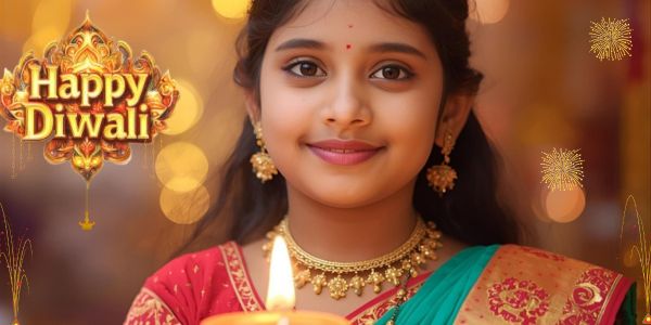 🎇Happy Diwali Images Free 1 A captivating image displays a young girl in vibrant Indian garb, holding a glowing candle. Her beaming smile and festive surroundings, like colorful decorations, create a joyful celebration scene. This visually stunning image evokes warmth and happiness. Happy Diwali Image.