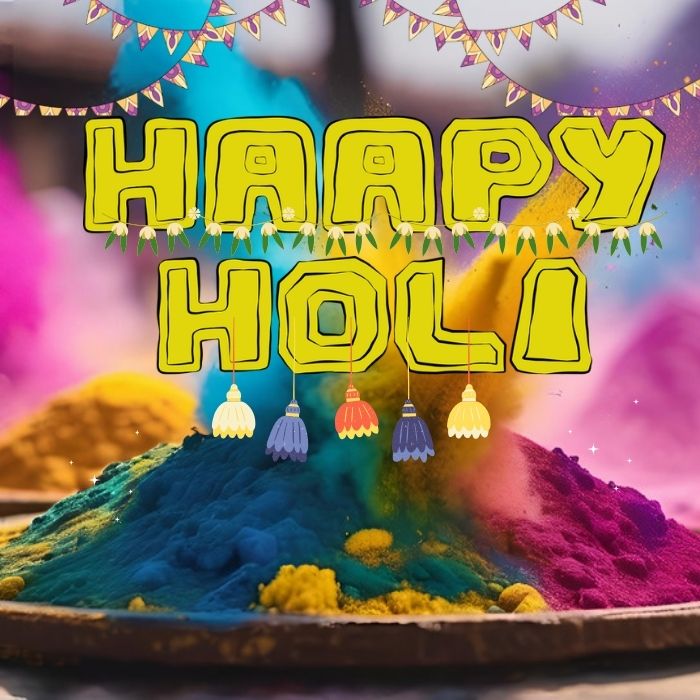 Festive Holi celebration showcasing a burst of colorful powders being tossed, symbolizing joy and togetherness. Happy Holi images.