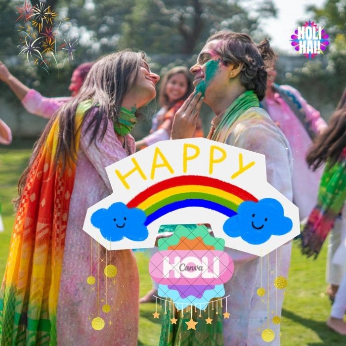 Colorful Holi celebration with people joyfully throwing vibrant powders in the air, symbolizing happiness and unity.Happy Holi images.