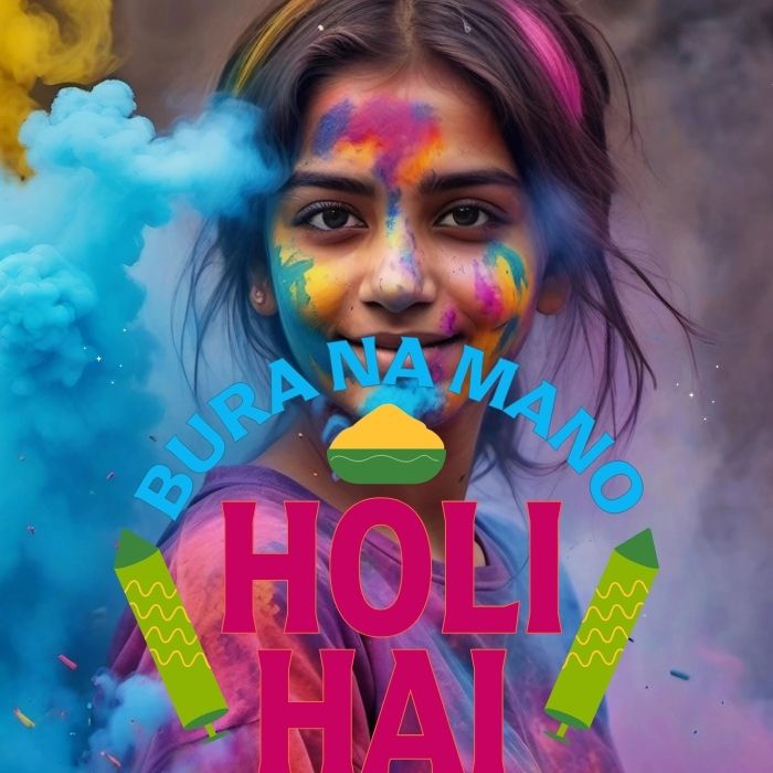 Woman celebrating Holi, smiling with colorful powder on her face and clothes, holding a plate of colored powder. "Happy Holi" text and festive graphics are overlaid on the image.Happy Holi images.