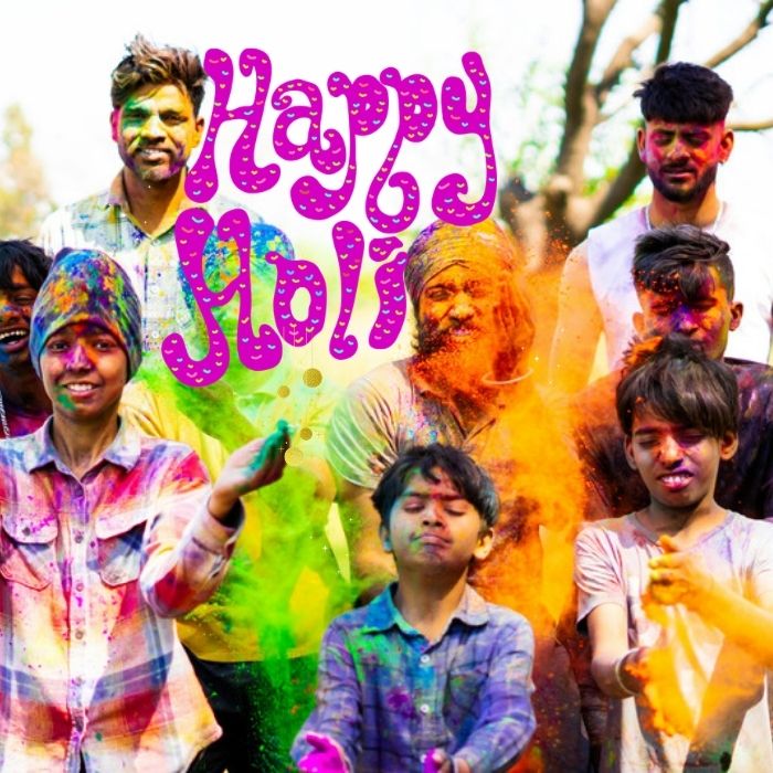 Colorful Holi celebration with people joyfully throwing vibrant powders in the air, symbolizing happiness and unity.Happy Holi images.