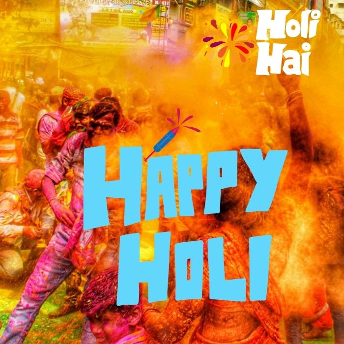 Colorful Holi celebration with people joyfully throwing vibrant powders in the air, symbolizing happiness and unity.Happy Holi images.