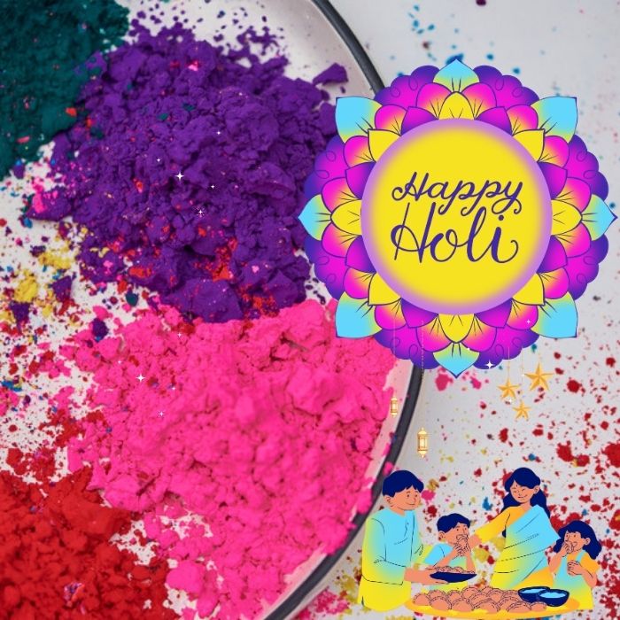 Festive Holi celebration showcasing a burst of colorful powders being tossed, symbolizing joy and togetherness. Happy Holi images.