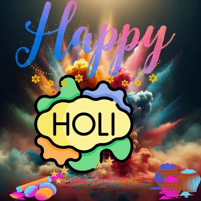 Festive Holi celebration showcasing a burst of colorful powders being tossed, symbolizing joy and togetherness. Happy Holi images.