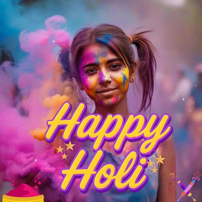 Young woman with multi-colored paint on her face celebrating Holi festival, surrounded by vibrant pink and blue colored powder clouds and the text "Happy Holi" in a yellow and purple font. Happy holi images.