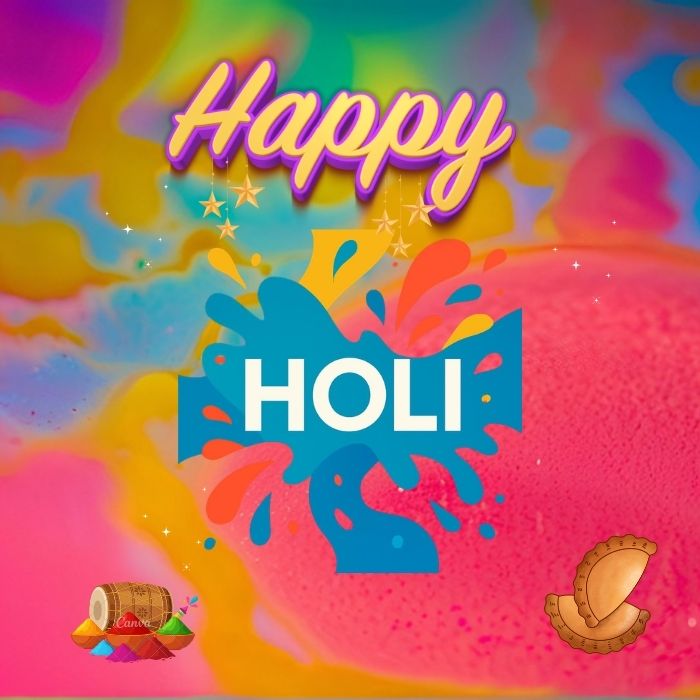 Festive Holi celebration showcasing a burst of colorful powders being tossed, symbolizing joy and togetherness. Happy Holi images.