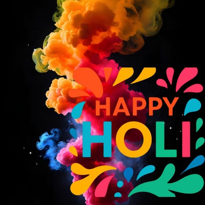 Festive Holi celebration showcasing a burst of colorful powders being tossed, symbolizing joy and togetherness. Happy Holi images.