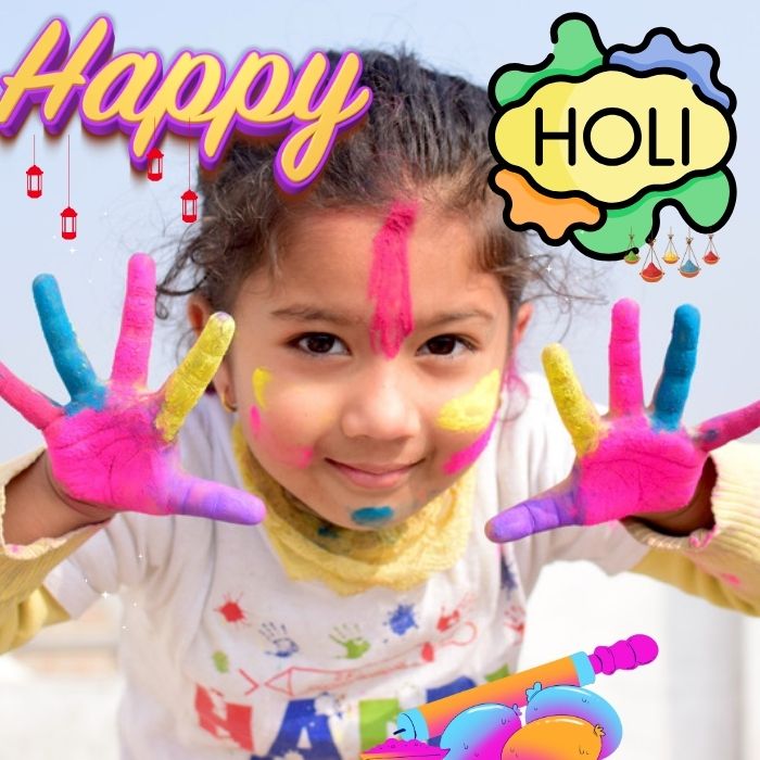 Young girl with multi-colored paint on her face celebrating Holi festival, and the text "Happy Holi" in a yellow and purple font. Happy holi images.