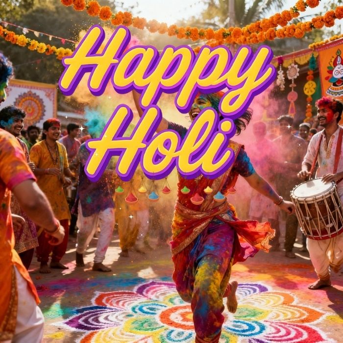 Colorful Holi celebration with people joyfully throwing vibrant powders in the air, symbolizing happiness and unity.Happy Holi images.