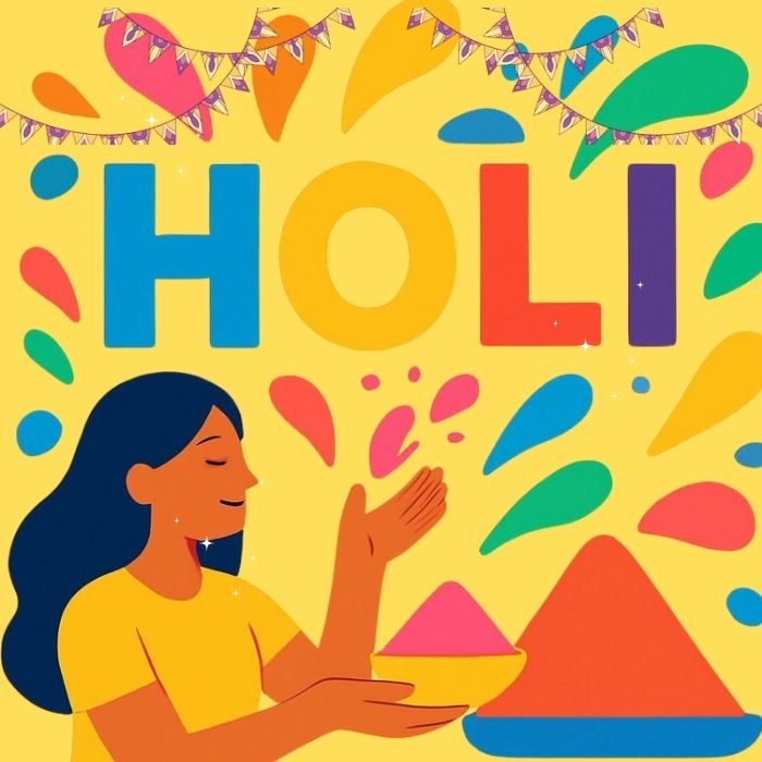 Smiling woman with brown hair and colorful celebrating Holi, with "HAPPY HOLI" text at the top and colored powder splashes in the background.Happy Holi images.
