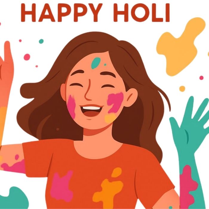 Smiling woman with brown hair and colorful powder on her face and clothes celebrating Holi, with "HAPPY HOLI" text at the top and colored powder splashes in the background. Happy Holi images.