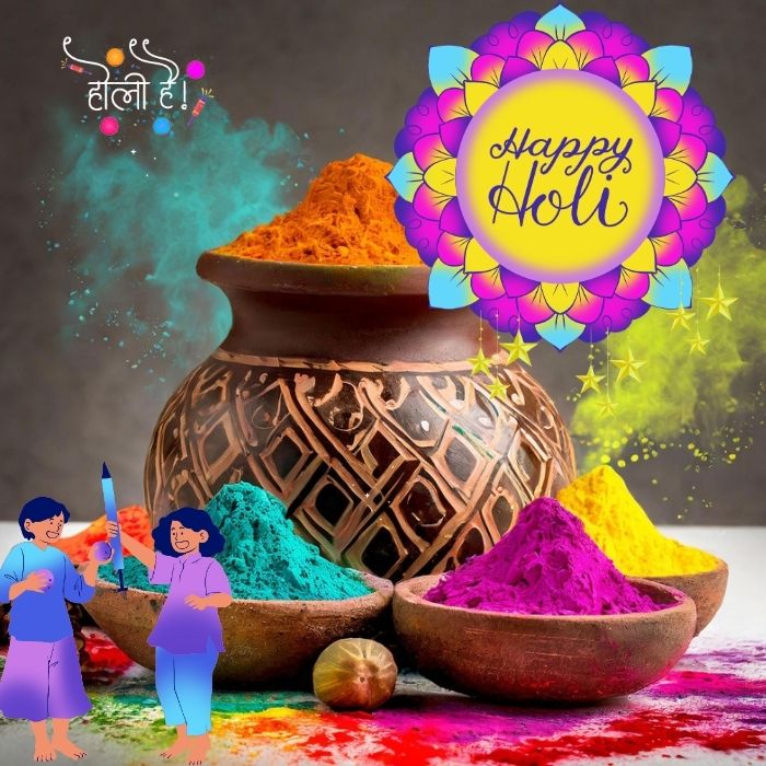 Festive Holi celebration showcasing a burst of colorful powders being tossed, symbolizing joy and togetherness. Happy Holi images.