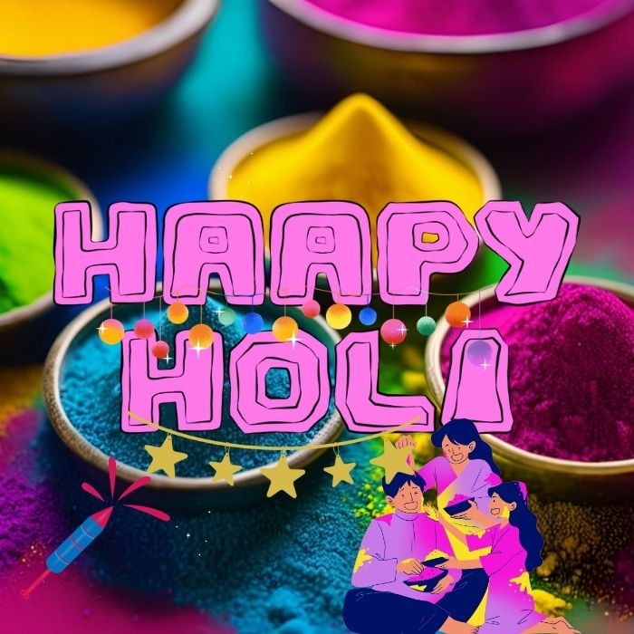 Colorful Holi celebration with people joyfully throwing vibrant powders in the air, symbolizing happiness and unity.