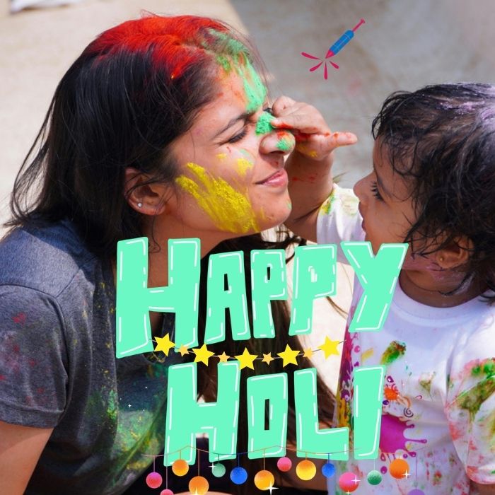 A lively Holi festival scene featuring individuals covered in bright colors, celebrating joy and togetherness.Happy Holi images.