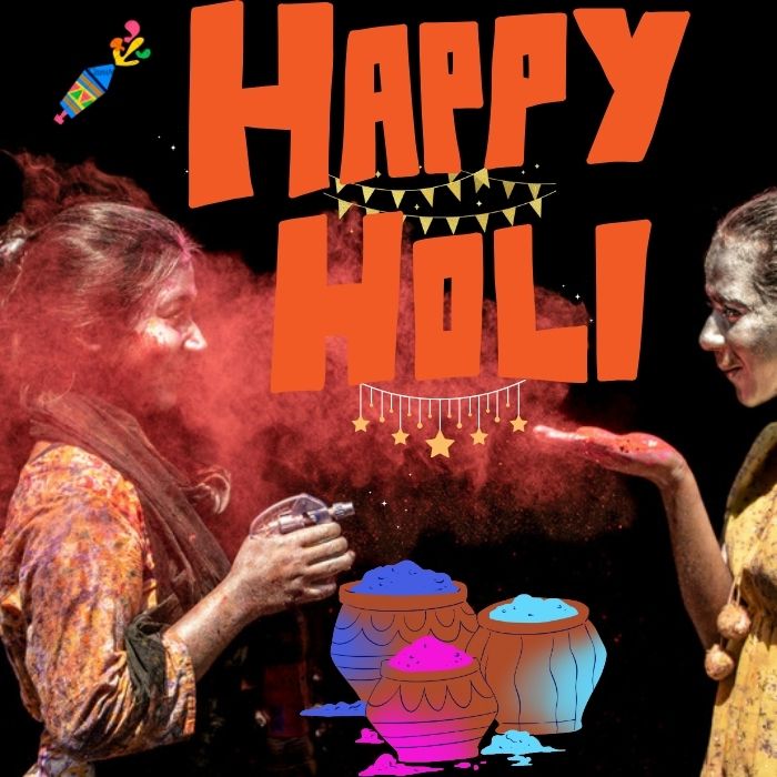 Colorful Holi celebration with people joyfully throwing vibrant powders in the air, symbolizing happiness and unity.Happy Holi images.